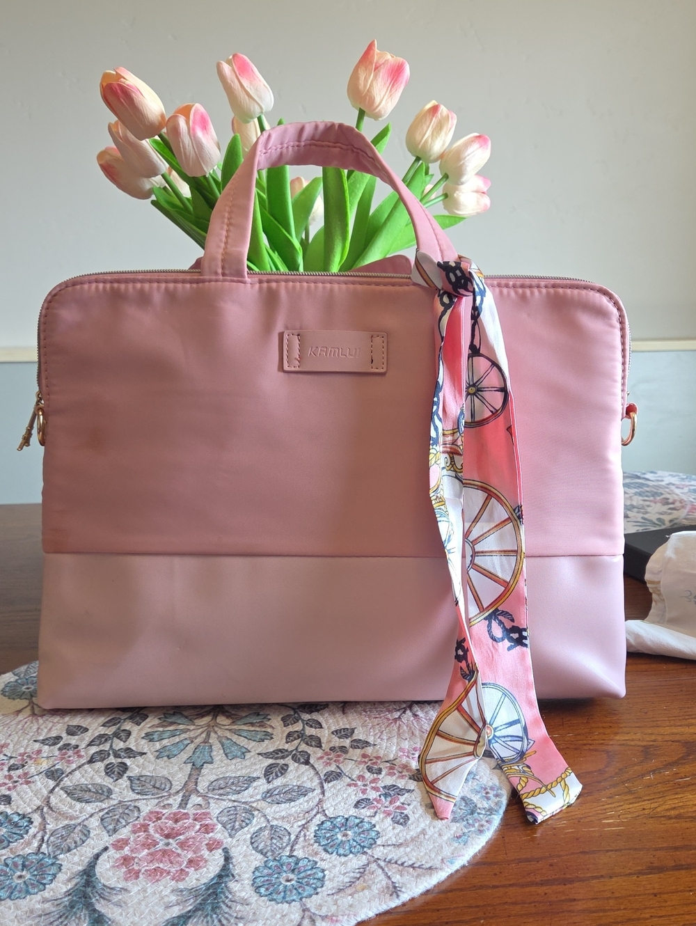 Pink Two-Tone Laptop Tote with Scarf Accent